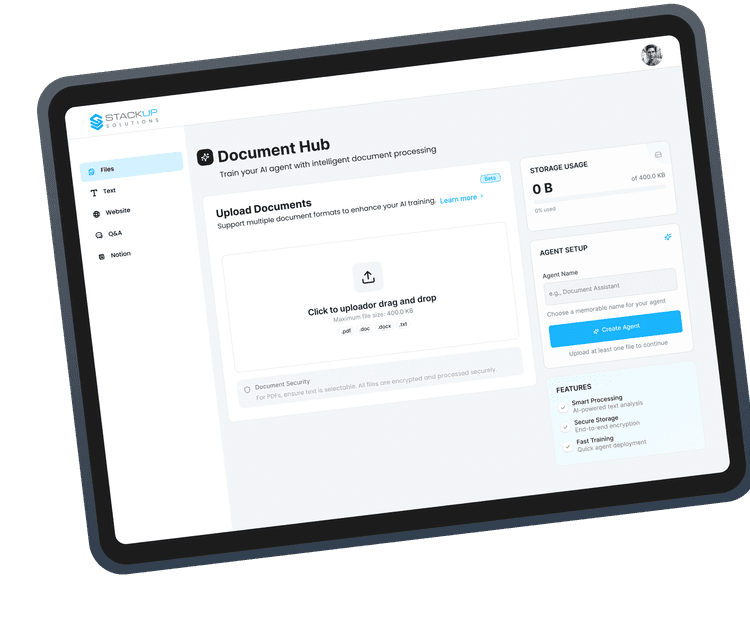 Tablet displaying a 'Document Hub' interface with an upload section for managing documents.