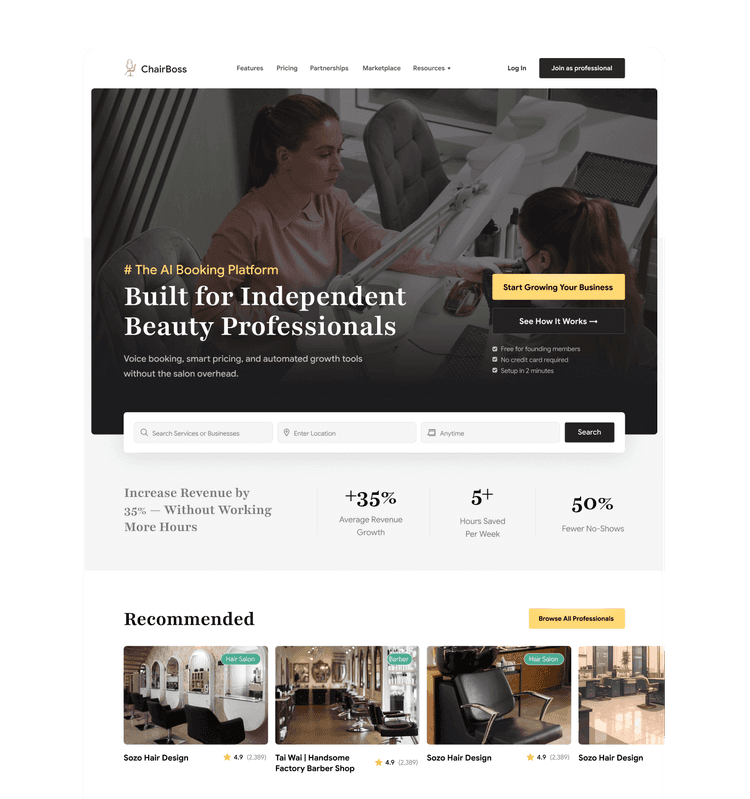 CloudNine website homepage, 'Built for Independent Beauty Professionals' banner, showing salon interior.