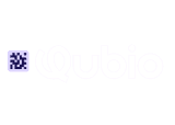 Qubio logo featuring white text and an abstract purple pattern.